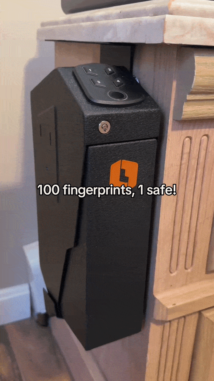 VAULTIQ StrikeLock™ – Biometric Mounted Gun Safe | Auto-Open Access for Nightstand, Desk, Wall & Truck | Fingerprint + 4-Button Backlit Keypad + Key
