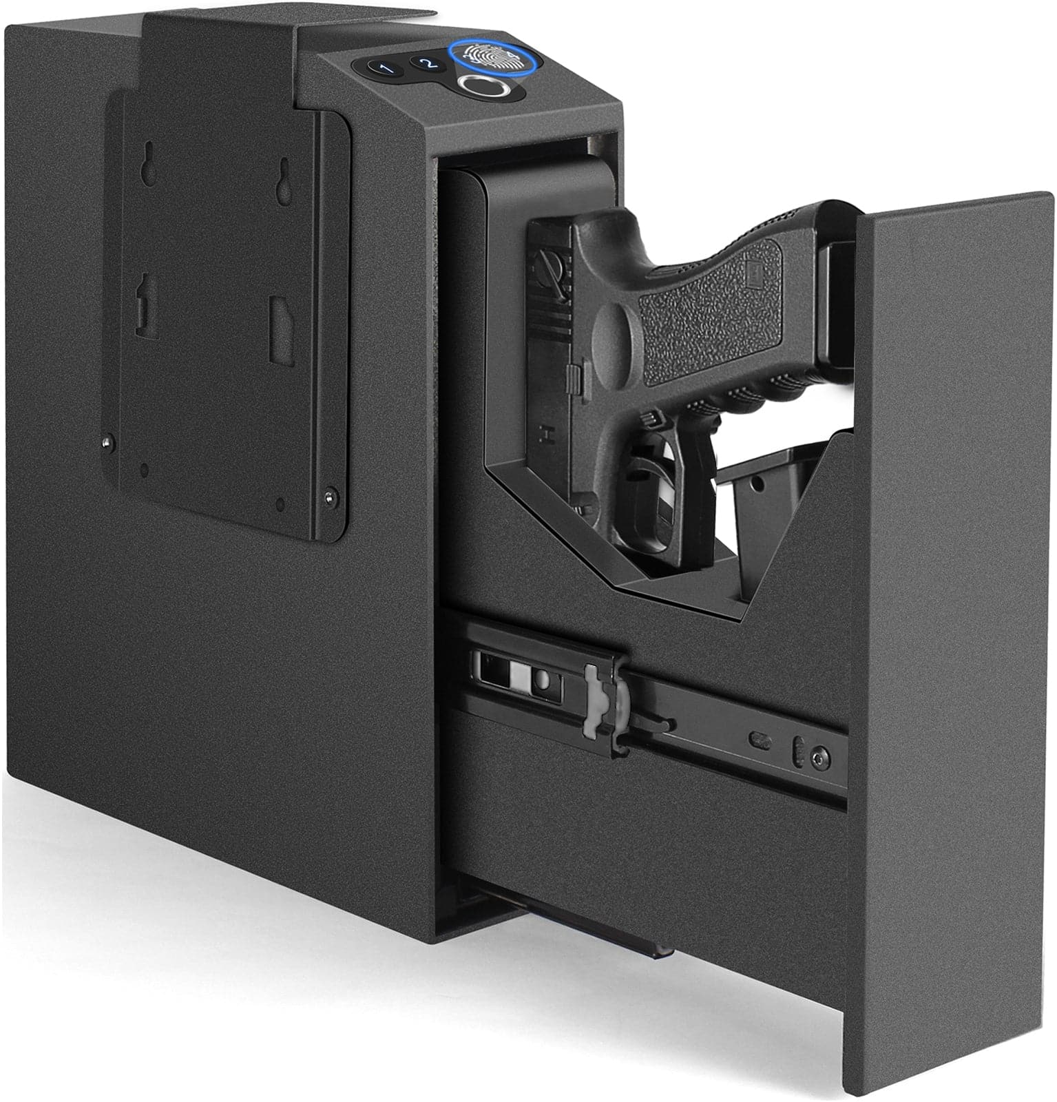 VAULTIQ StrikeLock™ – Biometric Mounted Gun Safe | Auto-Open Access for Nightstand, Desk, Wall & Truck | Fingerprint + 4-Button Backlit Keypad + Key